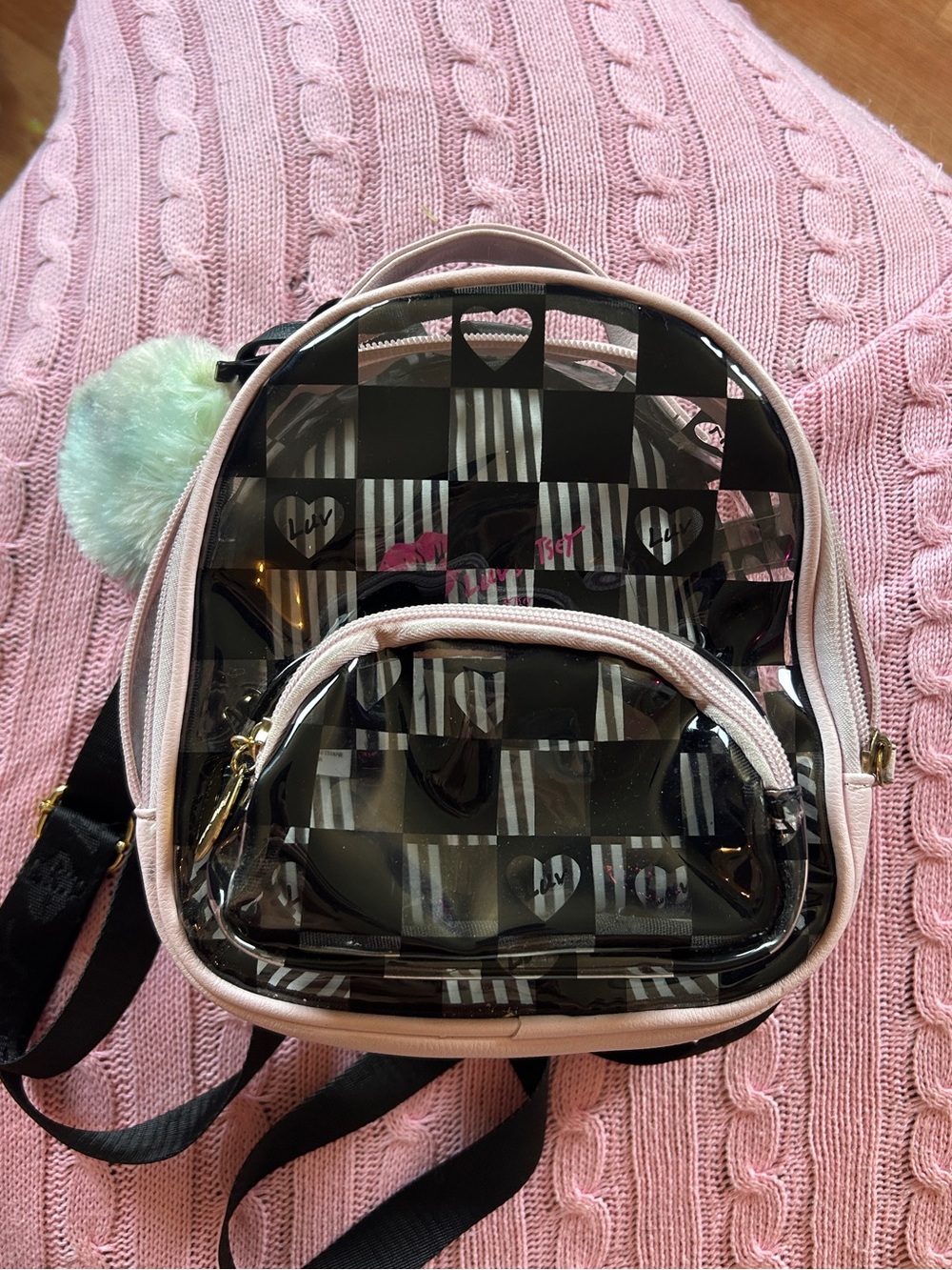 Betsey Johnson Clear/Pink/Black Checkered Mini Backpack